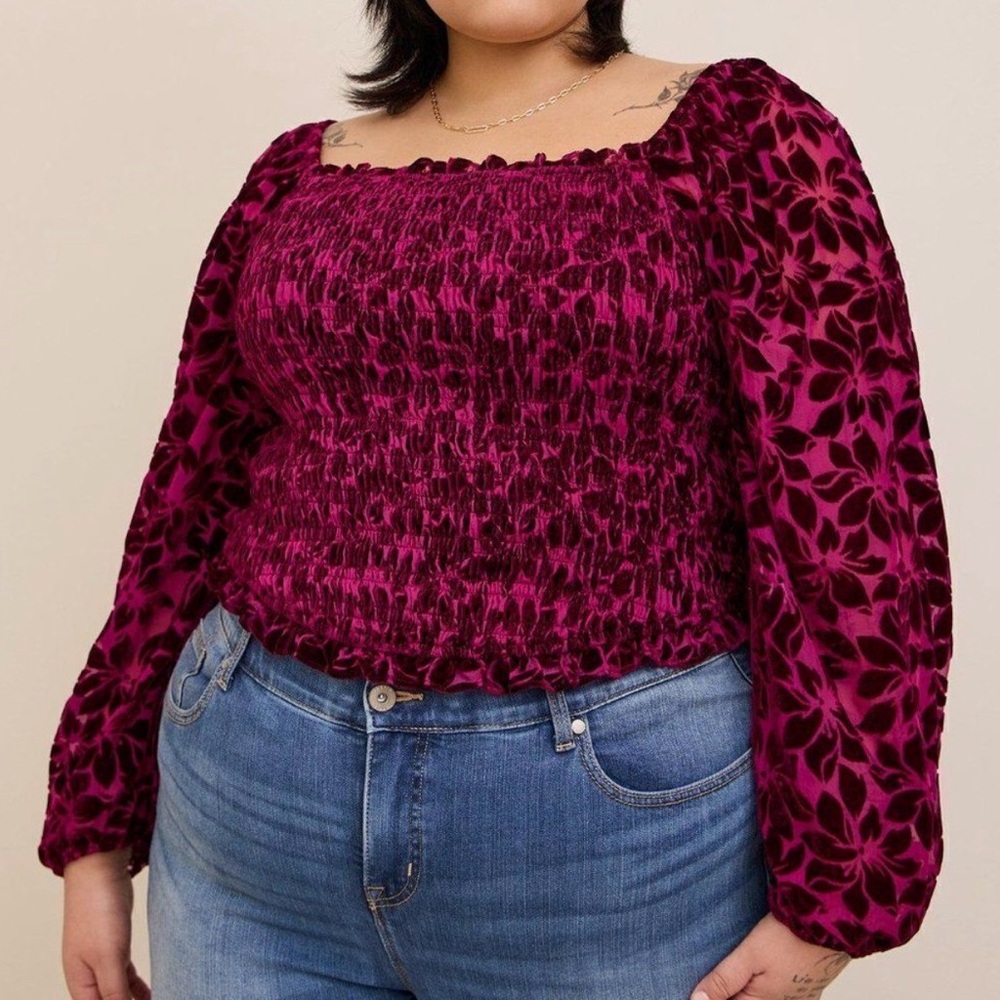 Torrid Burgundy Floral Velevt Burnout Smocked Blouson Sleeved Crop Top